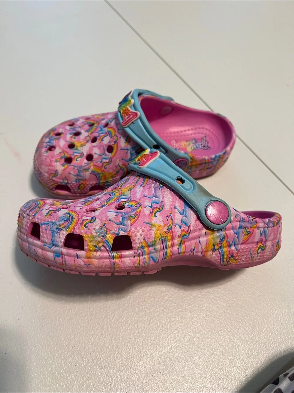 CROCS Pink Lisa Frank Print Clogs with Light Blue Strap